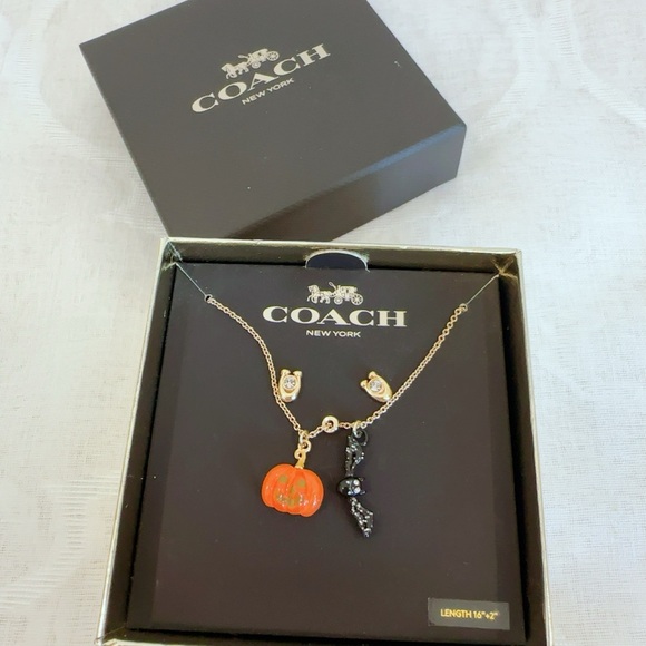 NWB COACH Halloween Jack-o’-lanter Pumpkin & Bat Earrings & Necklace Set CZ006 - Picture 2 of 6